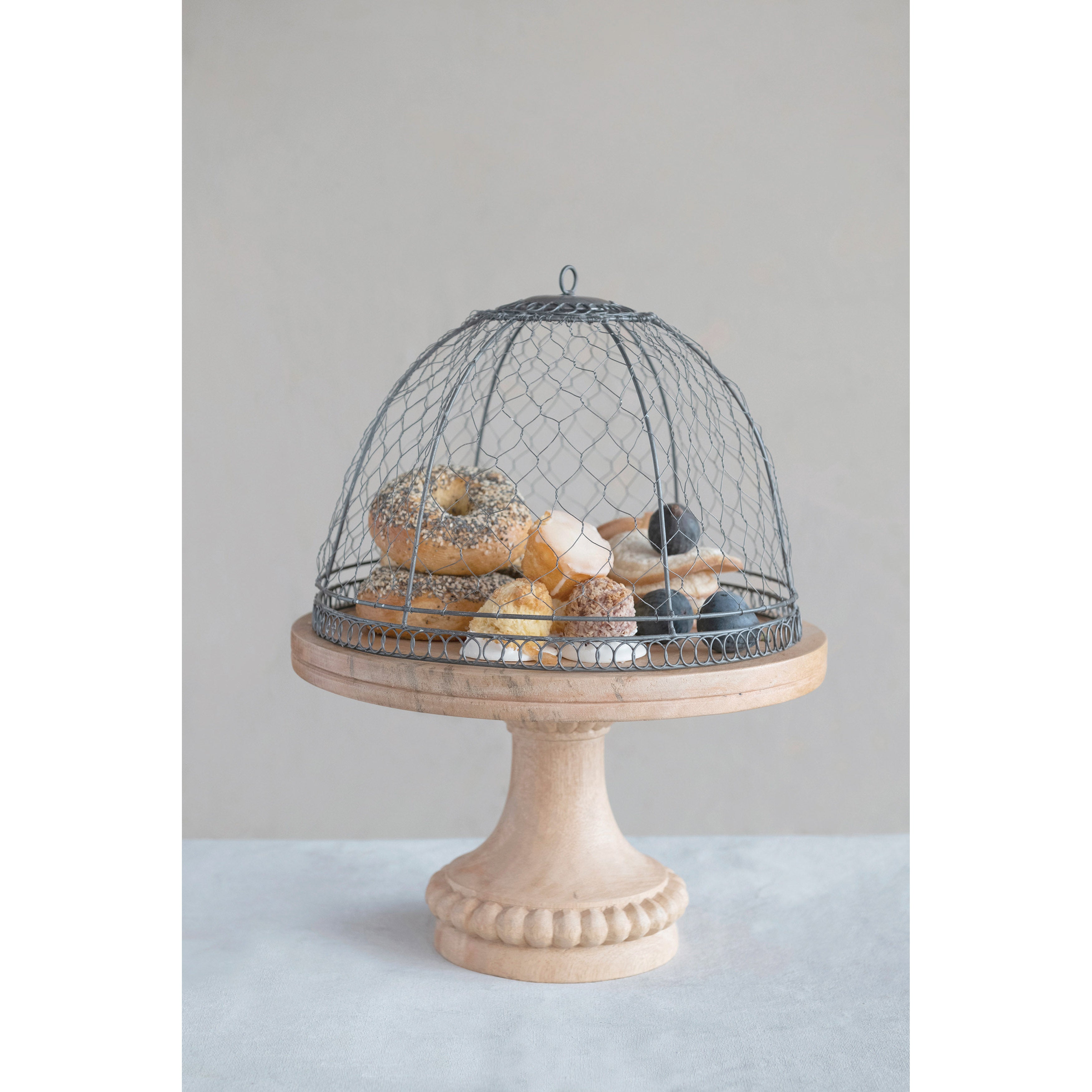 Metal Wire Cloche with Mango Wood Pedestal Base, Set of 2