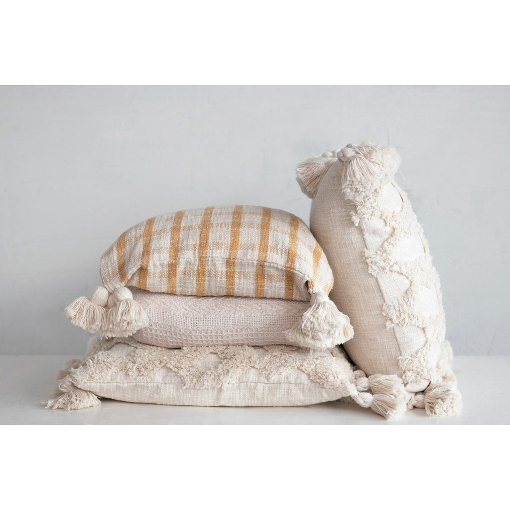 Woven Cotton Slub Plaid Pillow with Tassels