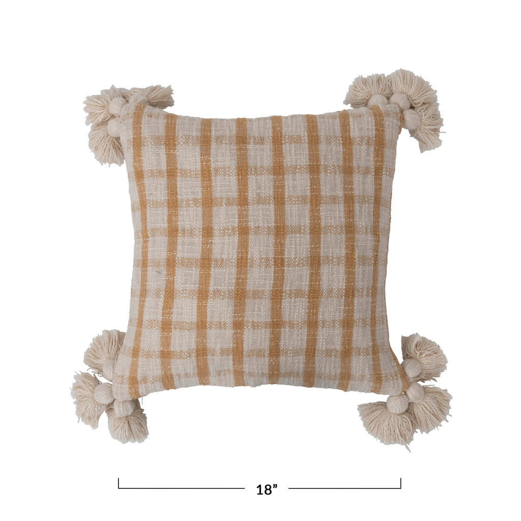 Woven Cotton Slub Plaid Pillow with Tassels