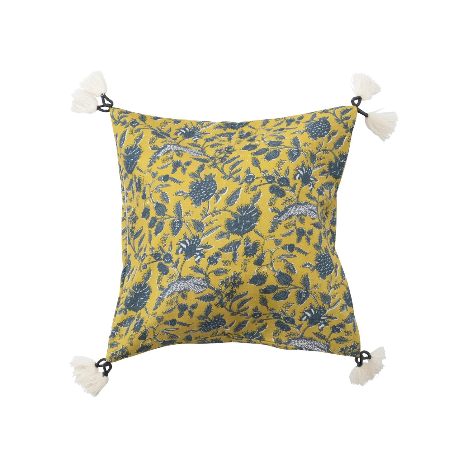 Pillow w/ Floral Pattern & Yarn-Wrapped Tassels