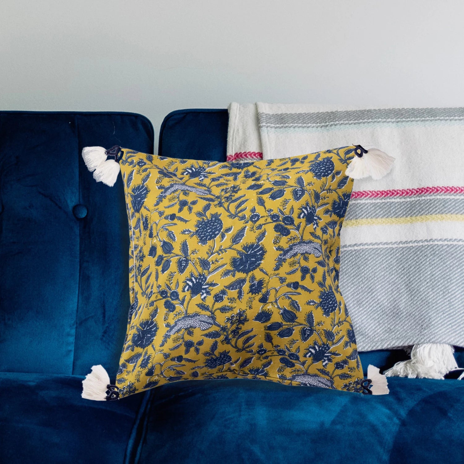 Pillow w/ Floral Pattern & Yarn-Wrapped Tassels