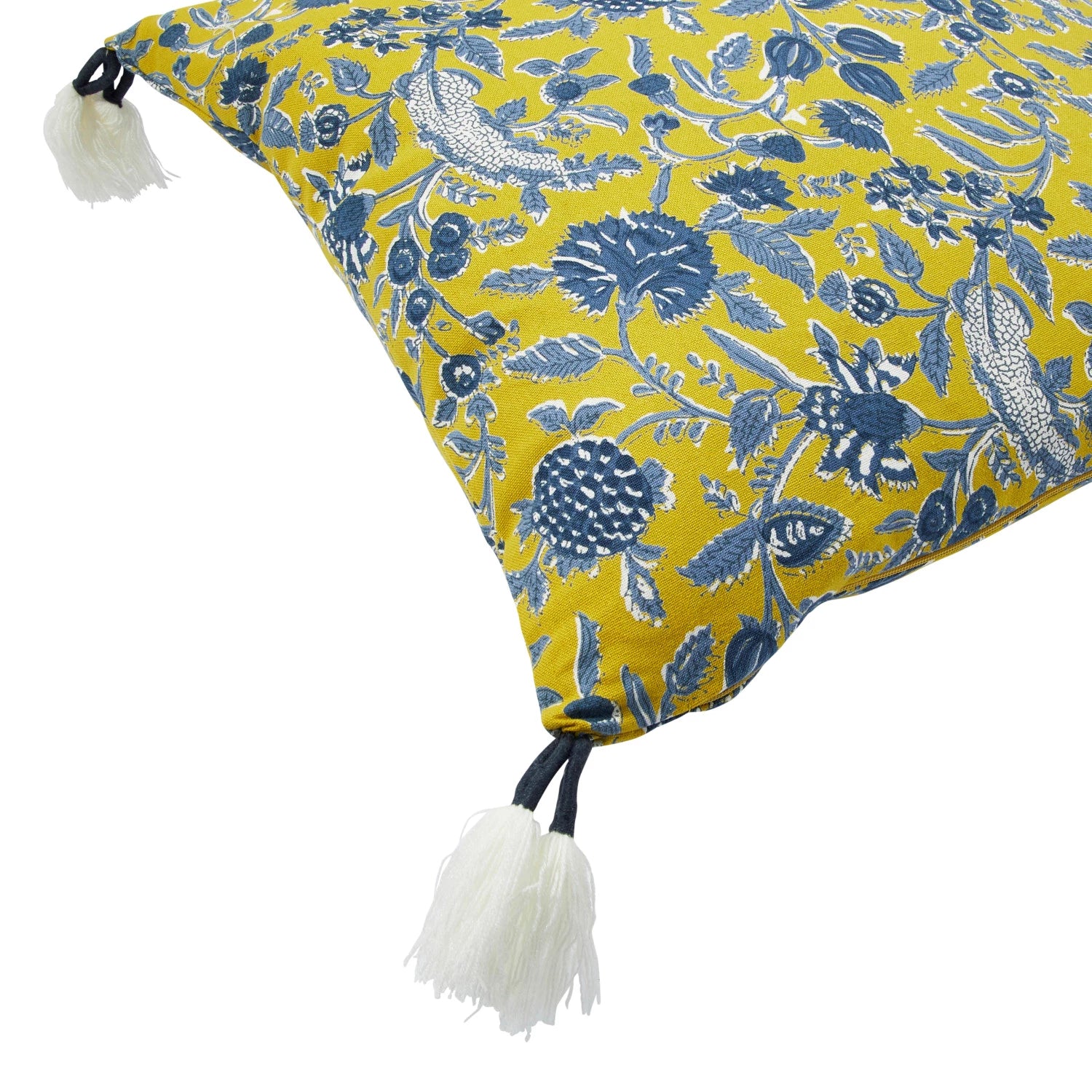 Pillow w/ Floral Pattern & Yarn-Wrapped Tassels