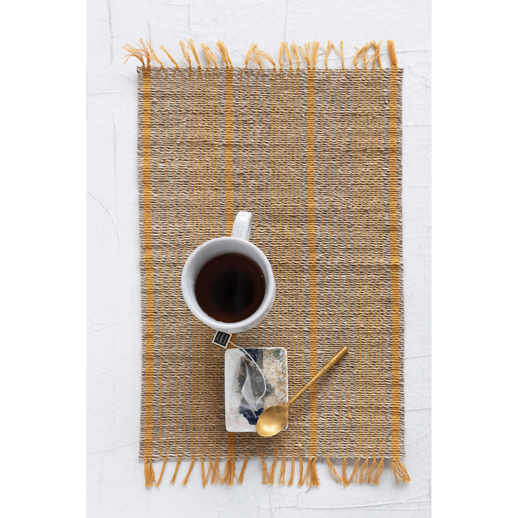 Bamboo Placemat with Stripes and Fringe, Mustard