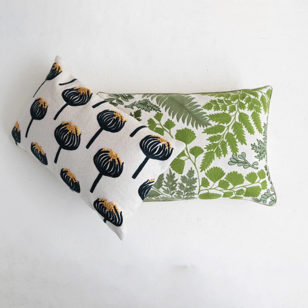 Cotton Embroidered Lumbar Pillow with Botanicals