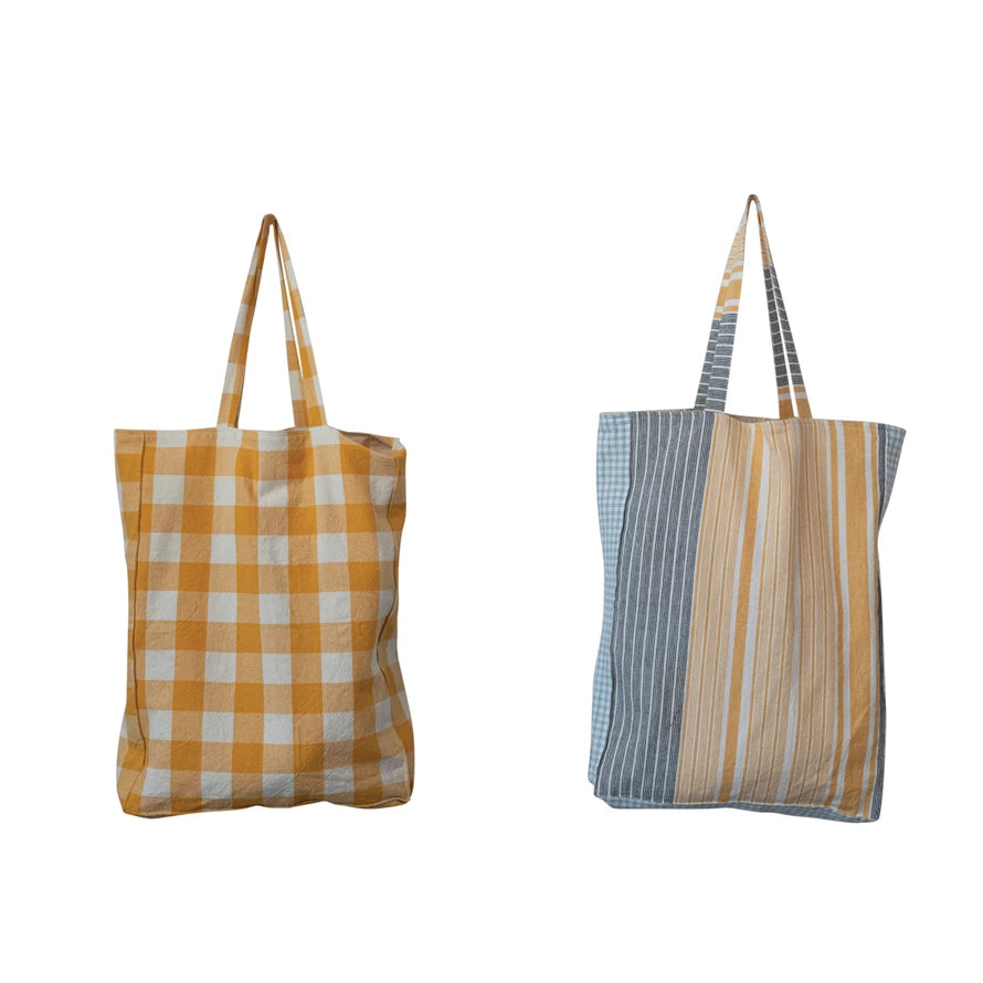 Cotton Tote Bag with Gingham/Stripes & Interior Pocket, 2 Styles