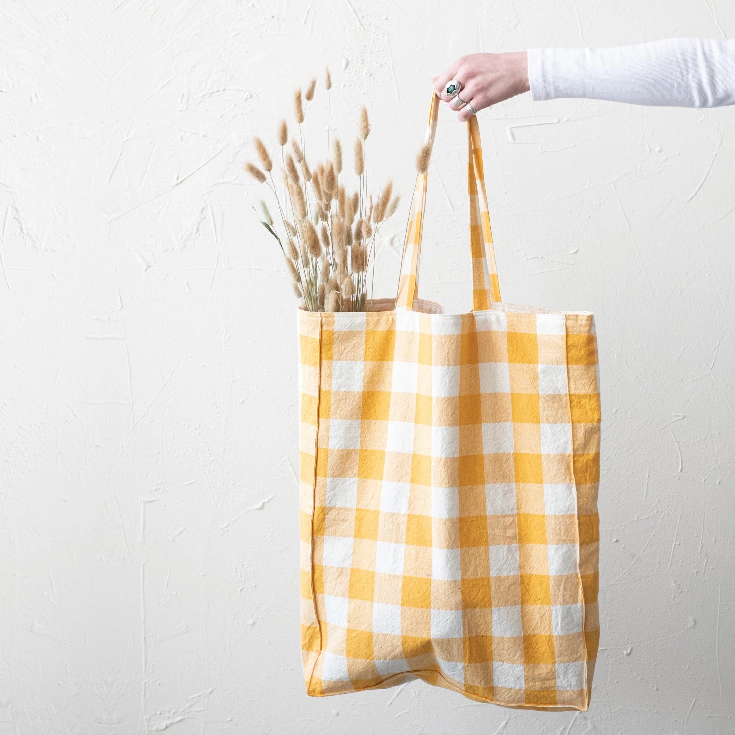 Cotton Tote Bag with Gingham/Stripes & Interior Pocket, 2 Styles