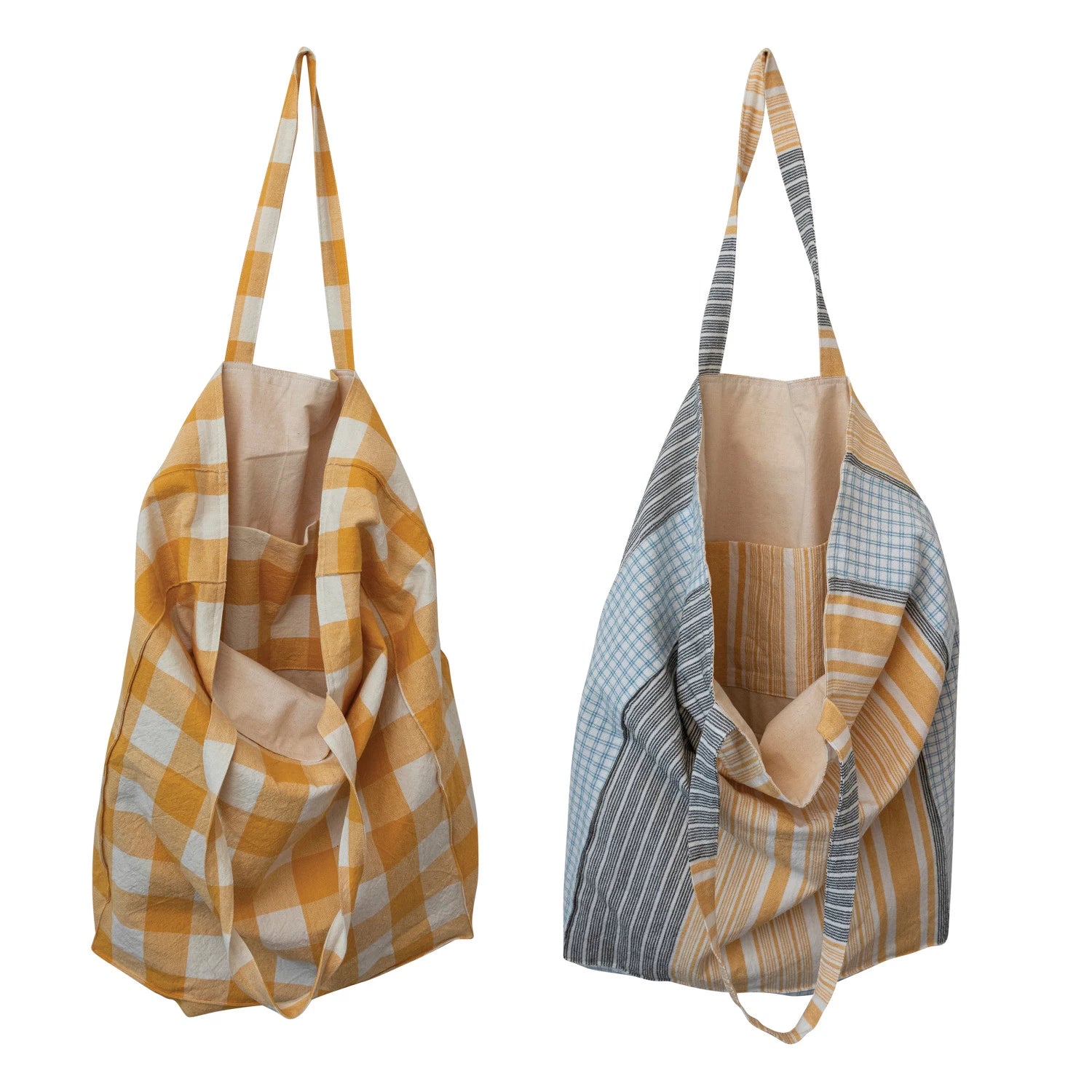 Cotton Tote Bag with Gingham/Stripes & Interior Pocket, 2 Styles