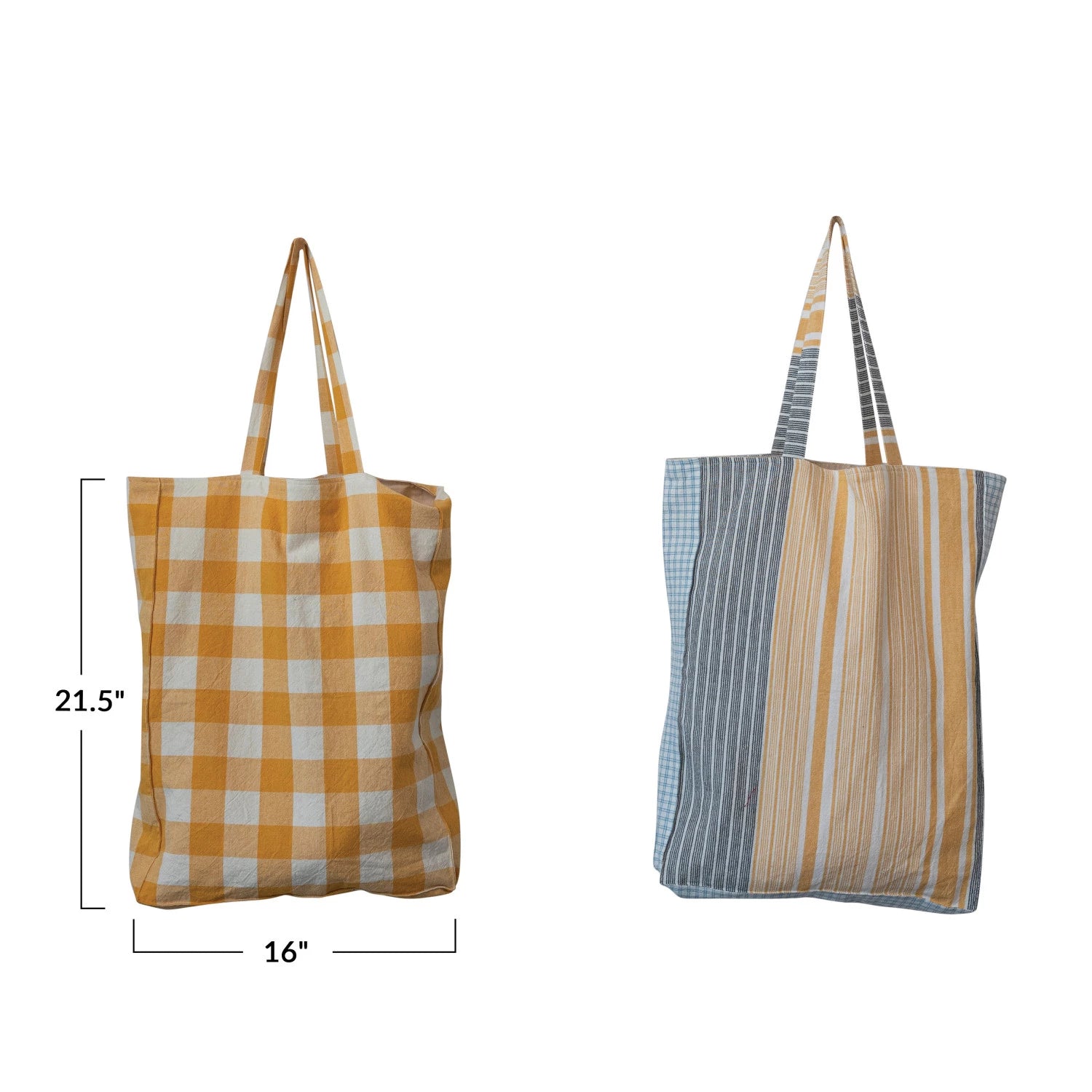 Cotton Tote Bag with Gingham/Stripes & Interior Pocket, 2 Styles