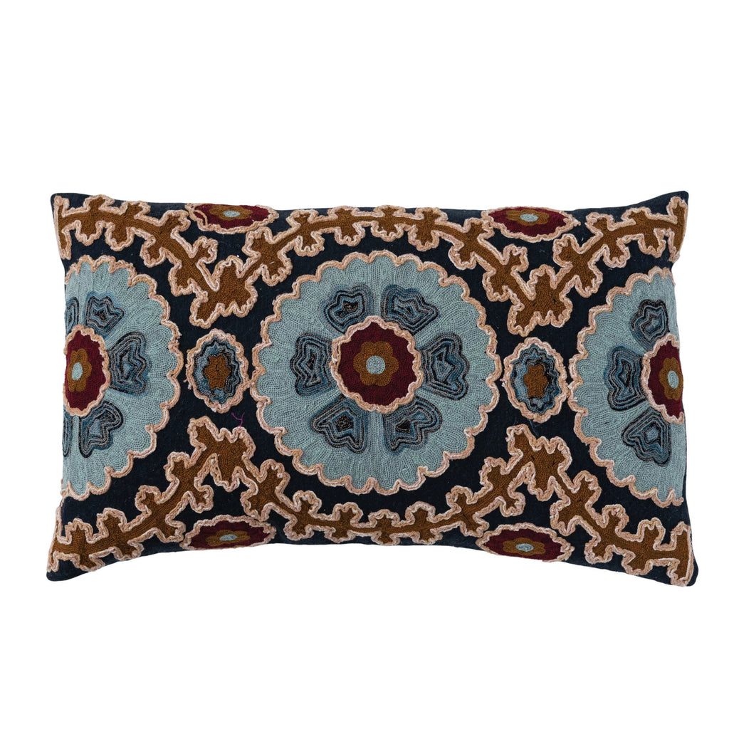 Cotton Slub Embroidered Lumbar Pillow with Design & Chambray Back