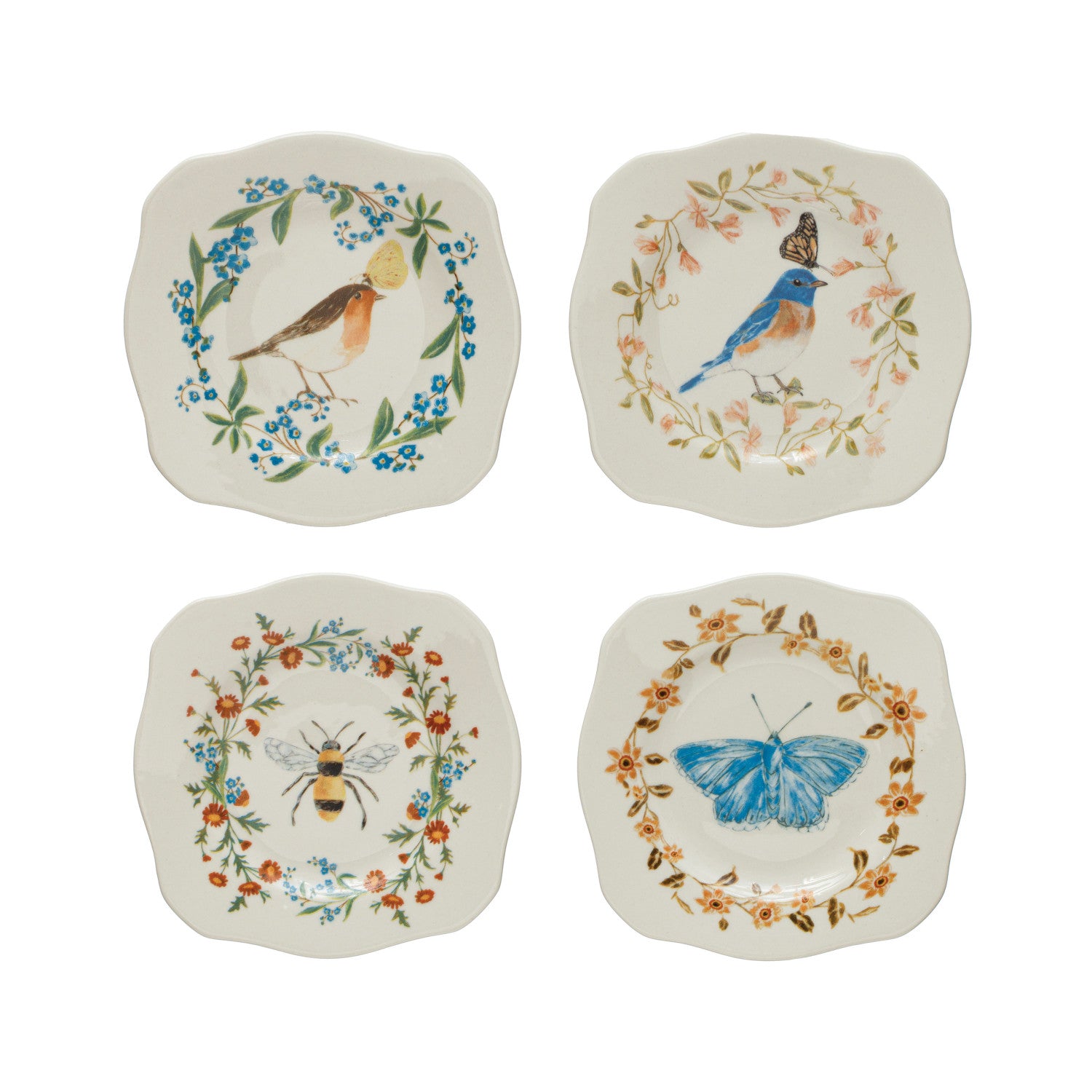 Stoneware Scalloped Plate with Insect/Bird & Flowers, Multi Color, 4 Styles