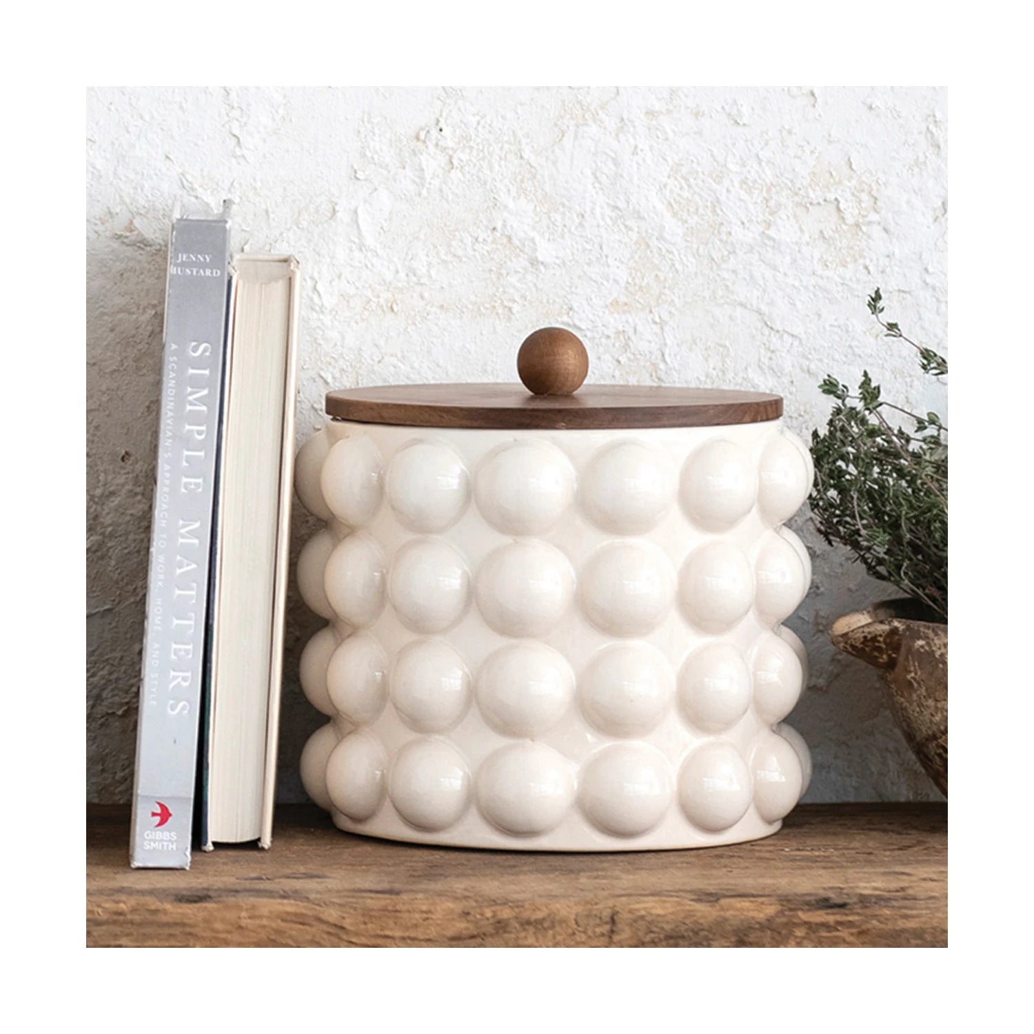 Stoneware Canister with Raised Dots & Acacia Wood Lid &