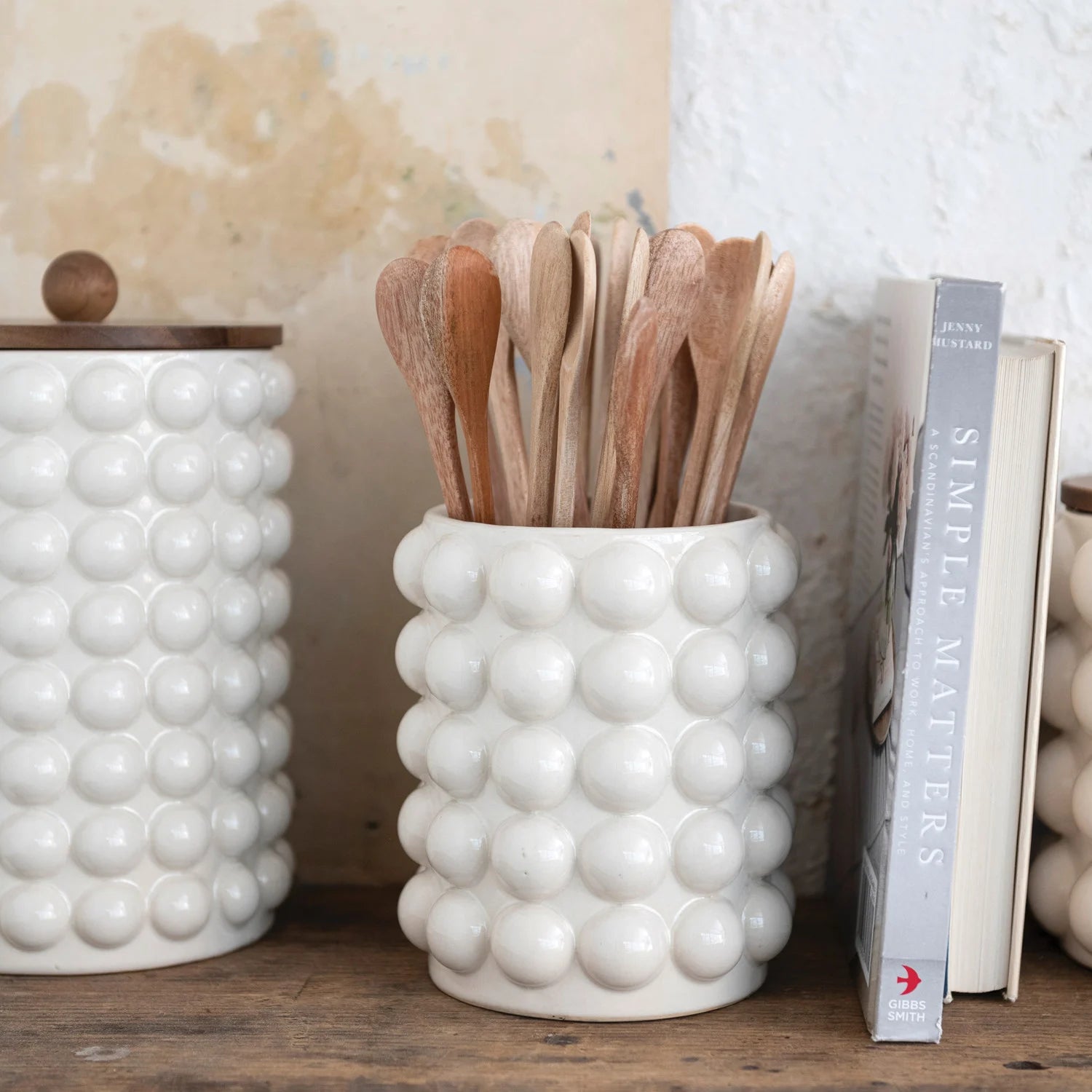Stoneware Canister w/ Raised Dots & Acacia Wood Lid & Natural