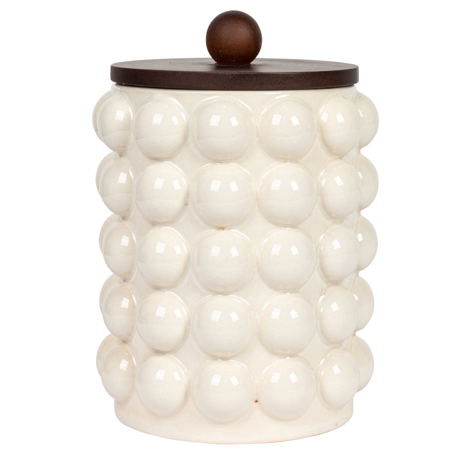 Stoneware Canister w/ Raised Dots & Acacia Wood Lid & Natural