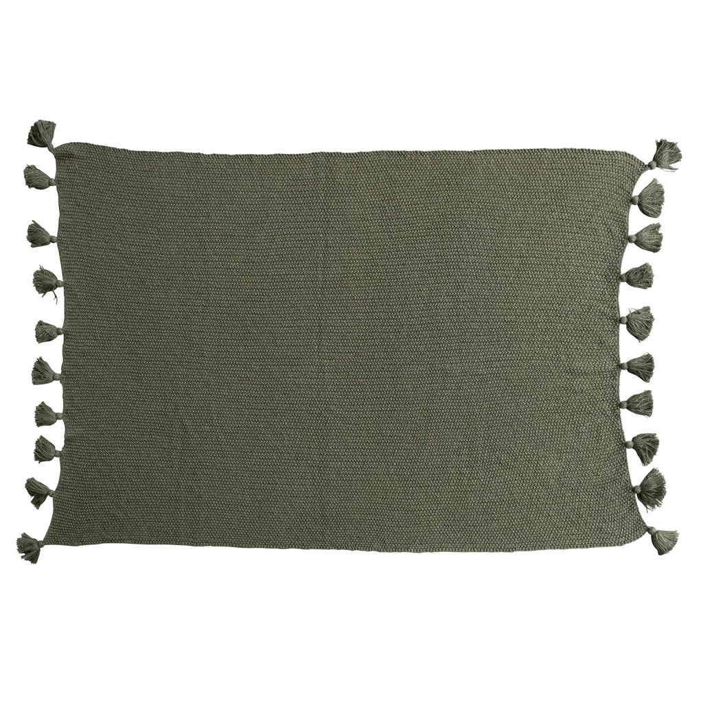 Olive Green Cotton Knit Throw with Tassels