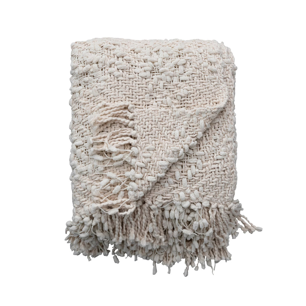 Cable Knit Throw with Fringe, Natural Color