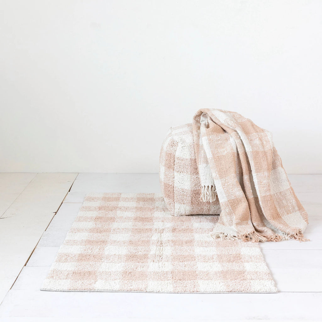 Pink Gingham Cotton Throw with Fringe