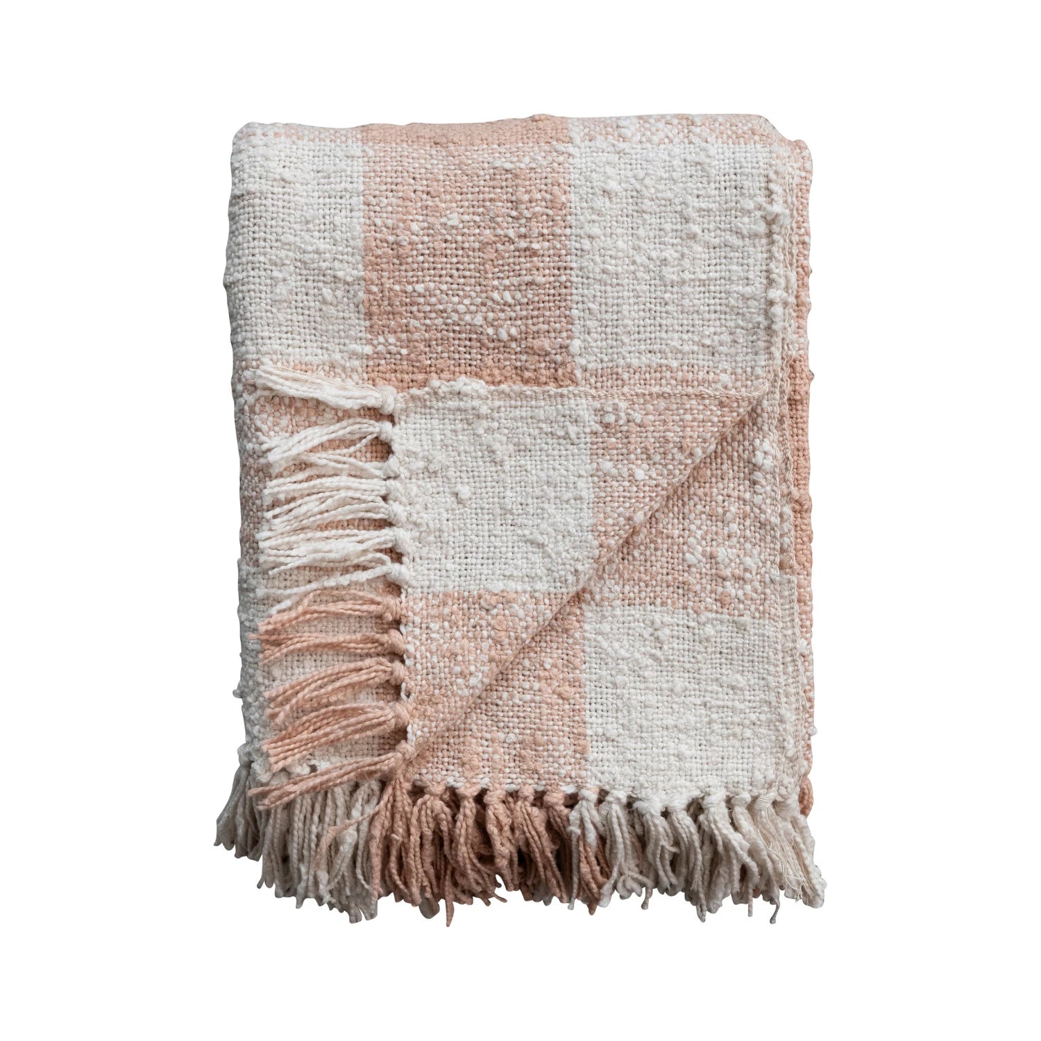 Pink Gingham Cotton Throw with Fringe
