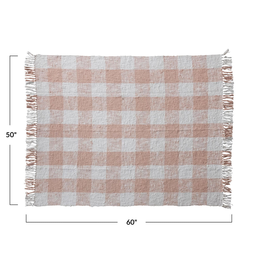 Pink Gingham Cotton Throw with Fringe
