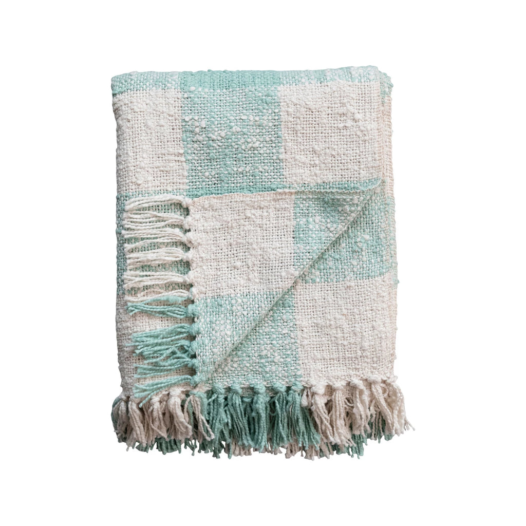 Blue Gingham Cotton Throw with Fringe