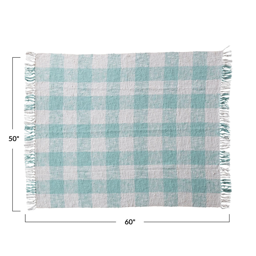 Blue Gingham Cotton Throw with Fringe