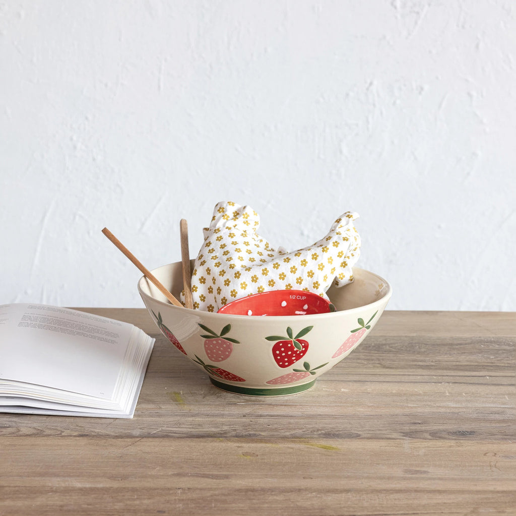 Hand-Painted Stoneware Bowl with Wax Relief Strawberries