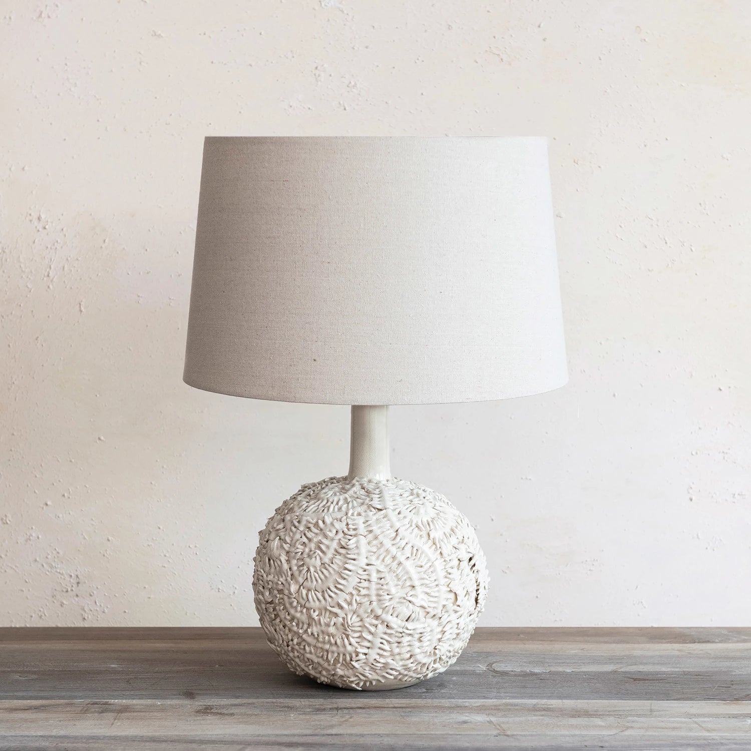 Handmade Textured Stoneware Table Lamp with Fabric Shade