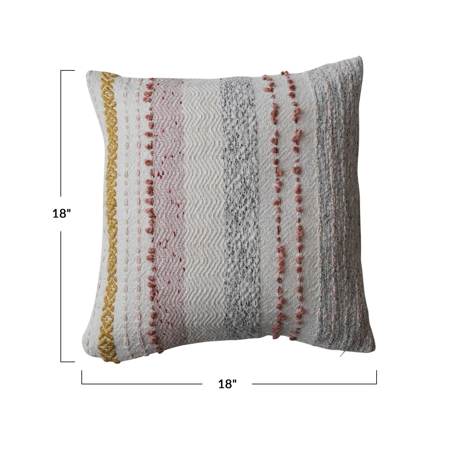 Square Woven Cotton Blend Pillow with Stripes & Embroidery