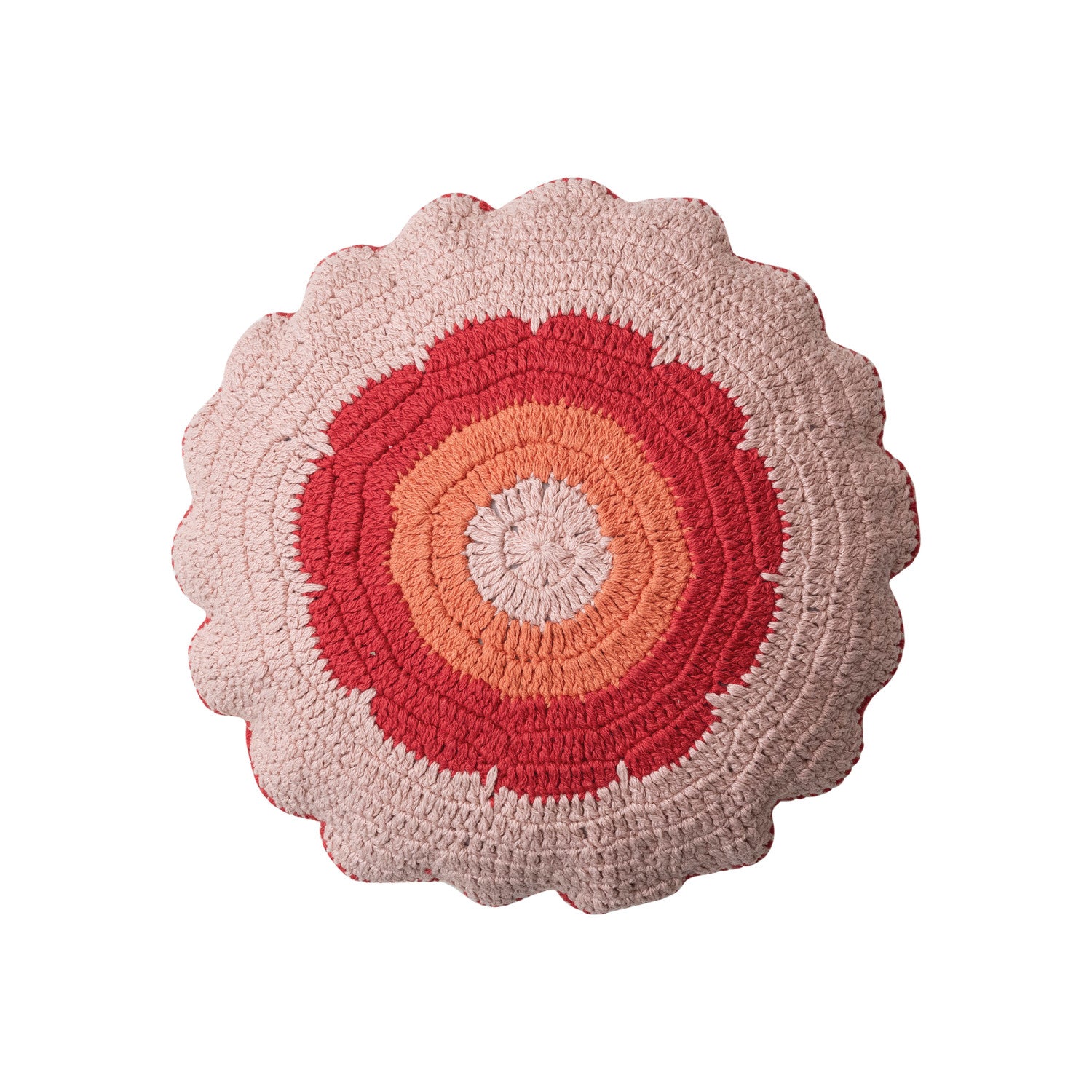 Round Cotton Slub Crocheted Pillow With Scalloped Edges