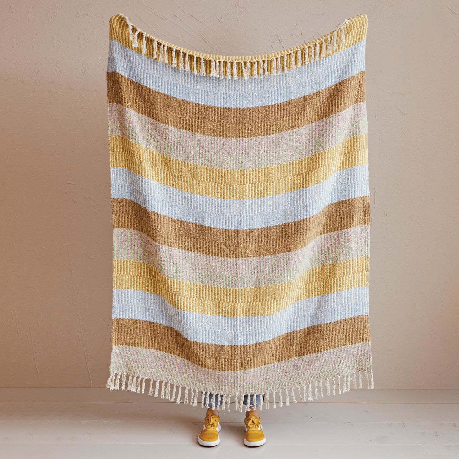 Woven Recycled Cotton Blend Throw with Stripes & Fringe