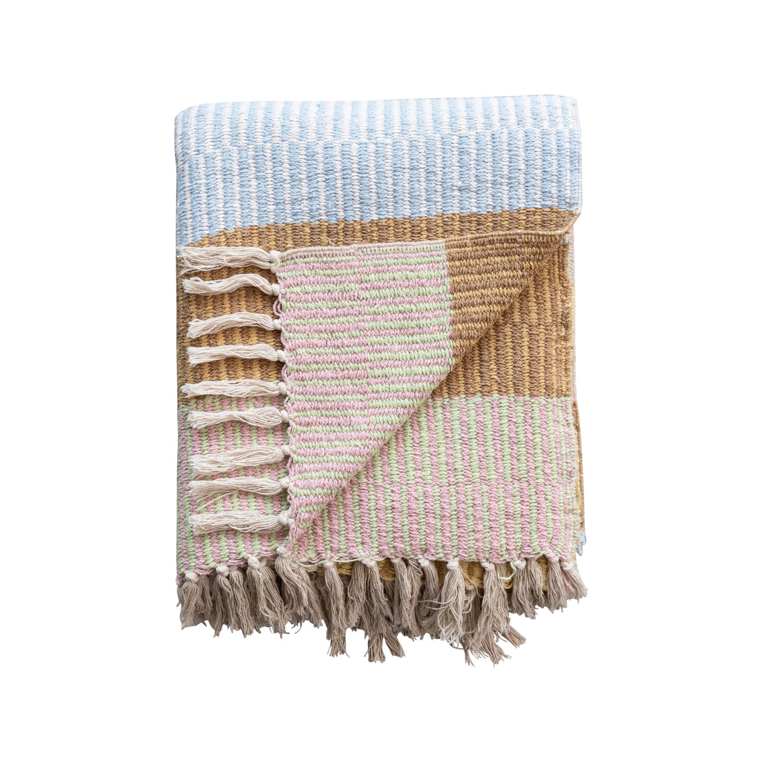 Woven Recycled Cotton Blend Throw with Stripes & Fringe