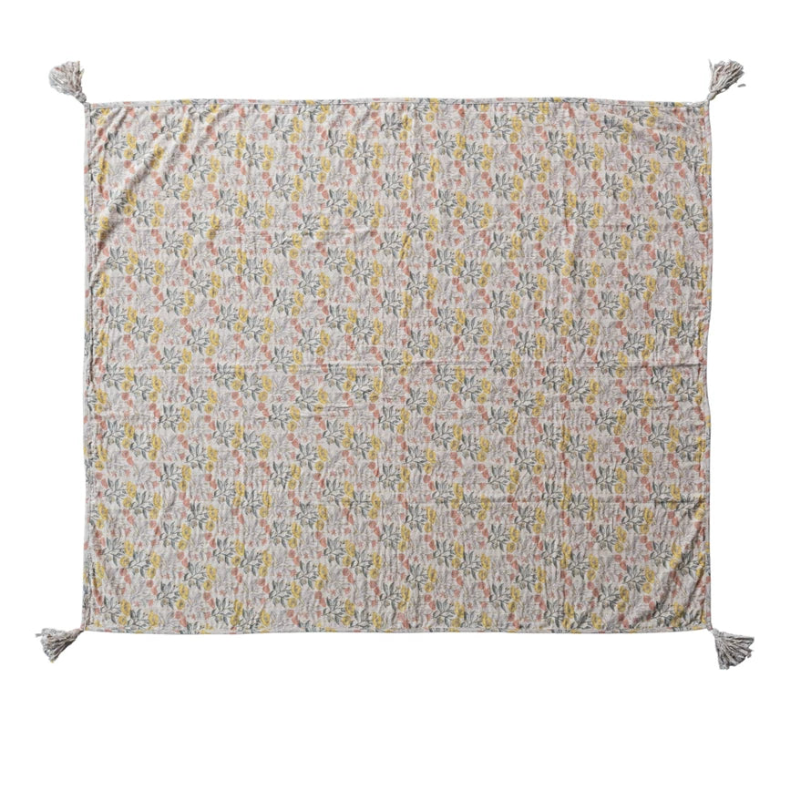 Cotton Chambray Printed Throw, Kantha Stitch & Tassels