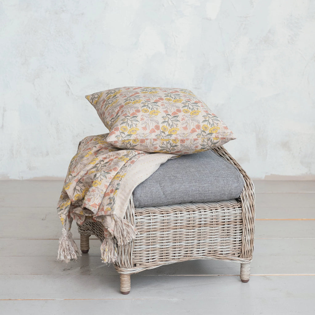 Cotton Chambray Printed Throw, Kantha Stitch & Tassels