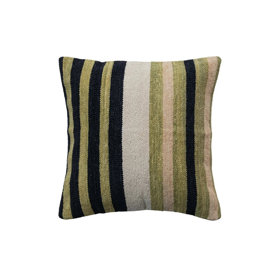 Square Woven Cotton Blend Chenille Pillow with Stripes & Cotton Back