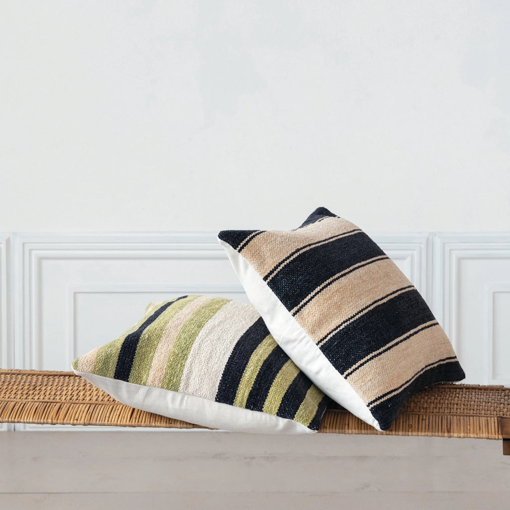 Square Woven Cotton Blend Chenille Pillow with Stripes & Cotton Back