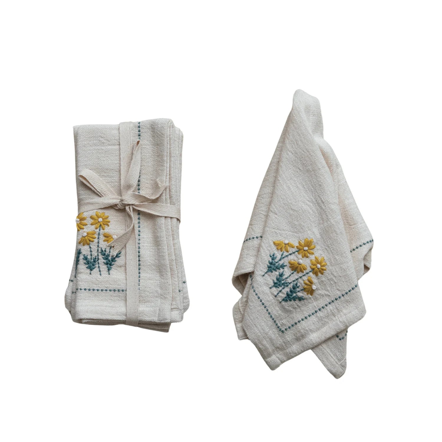 Cotton Napkins with Hand-Embroidery, Flowers & French Knots, Set of 4