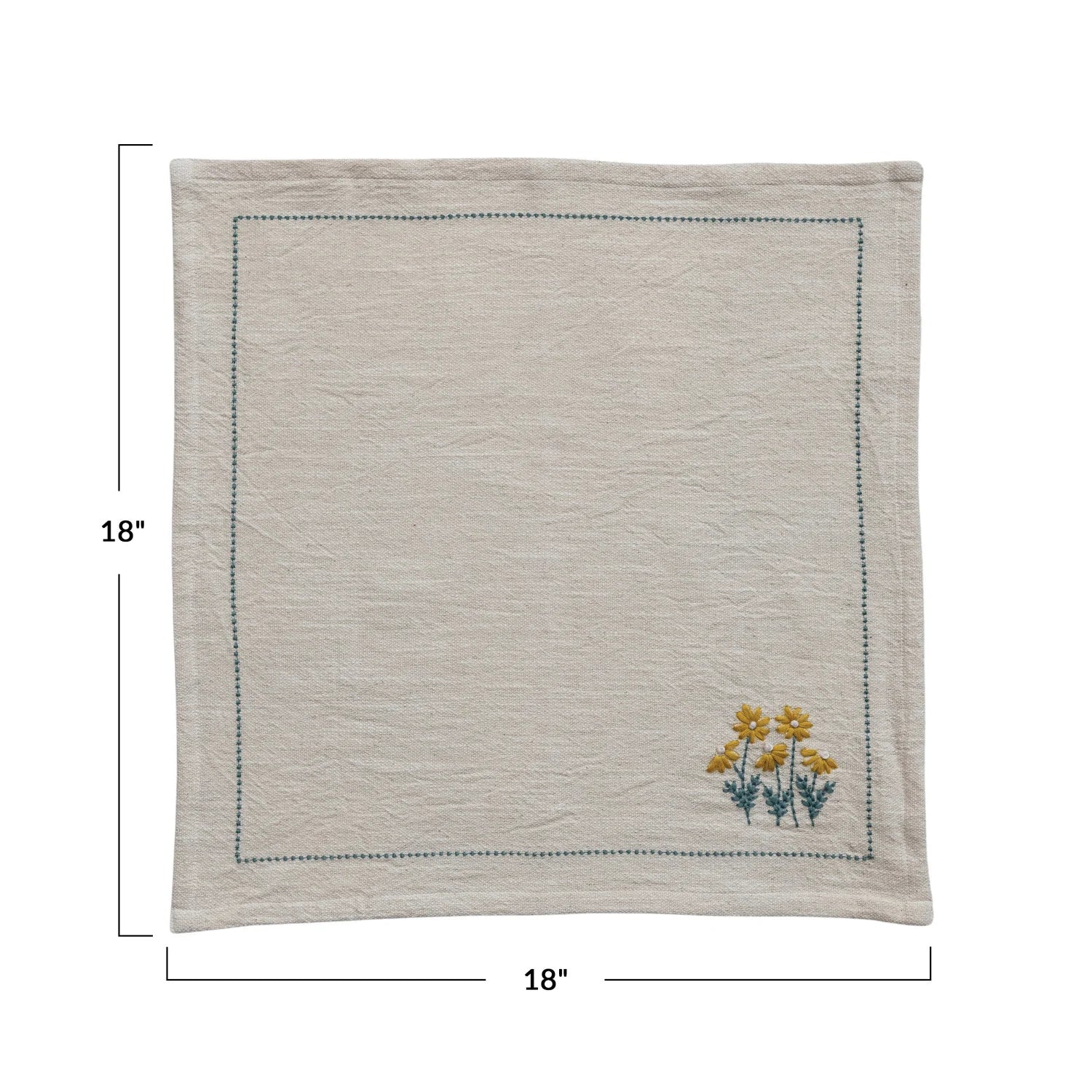 Cotton Napkins with Hand-Embroidery, Flowers & French Knots, Set of 4