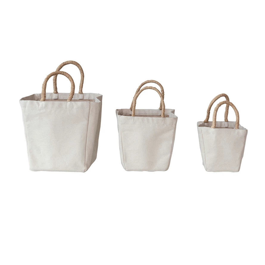 Cotton Canvas Containers with Braided Raffia Handles