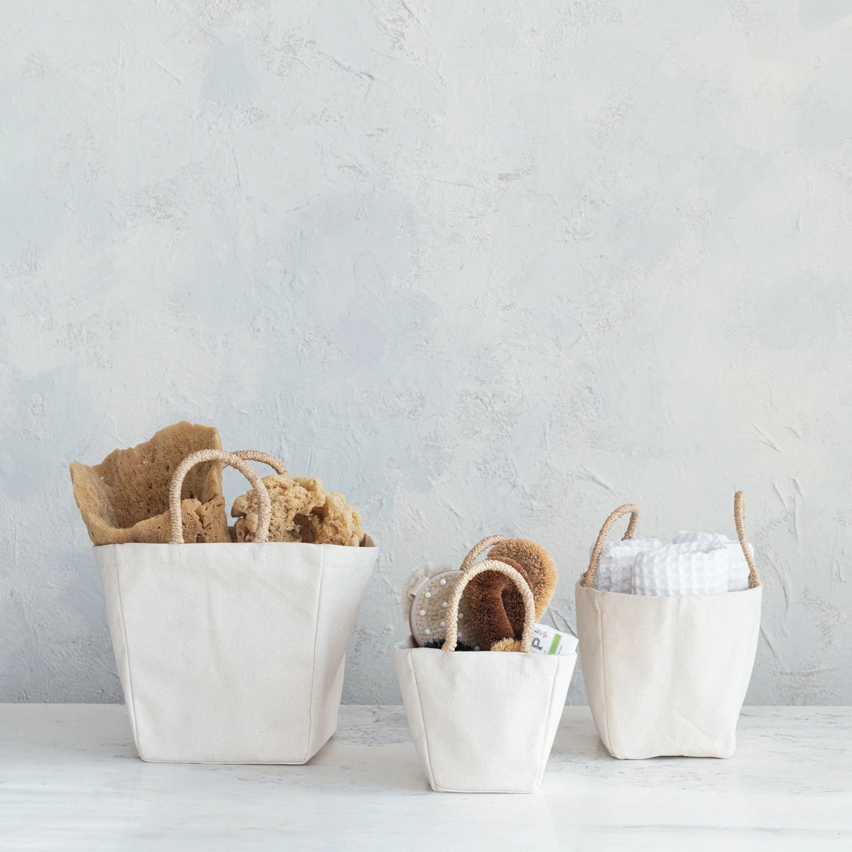 Cotton Canvas Containers with Braided Raffia Handles