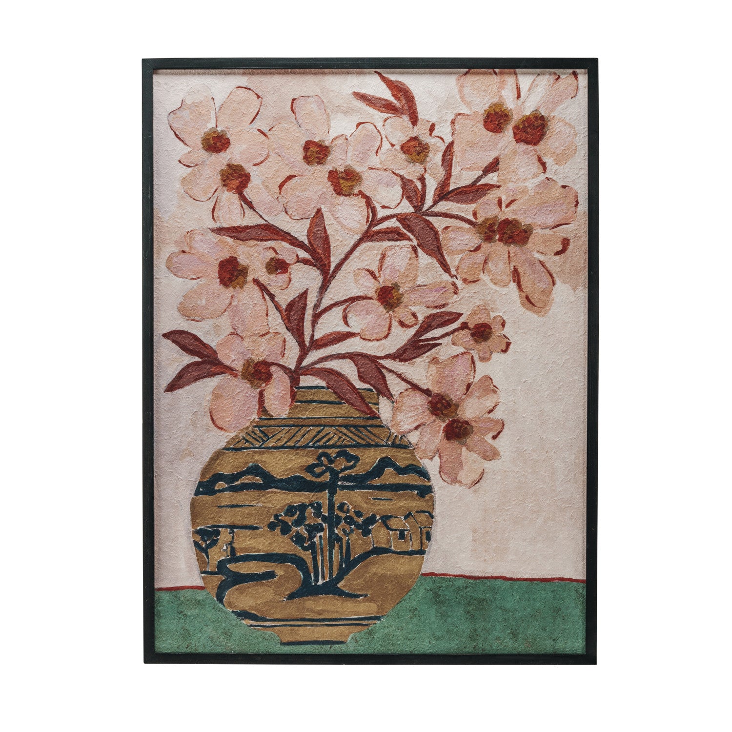 Wood Framed Glass Wall Décor with Flowers in Vase