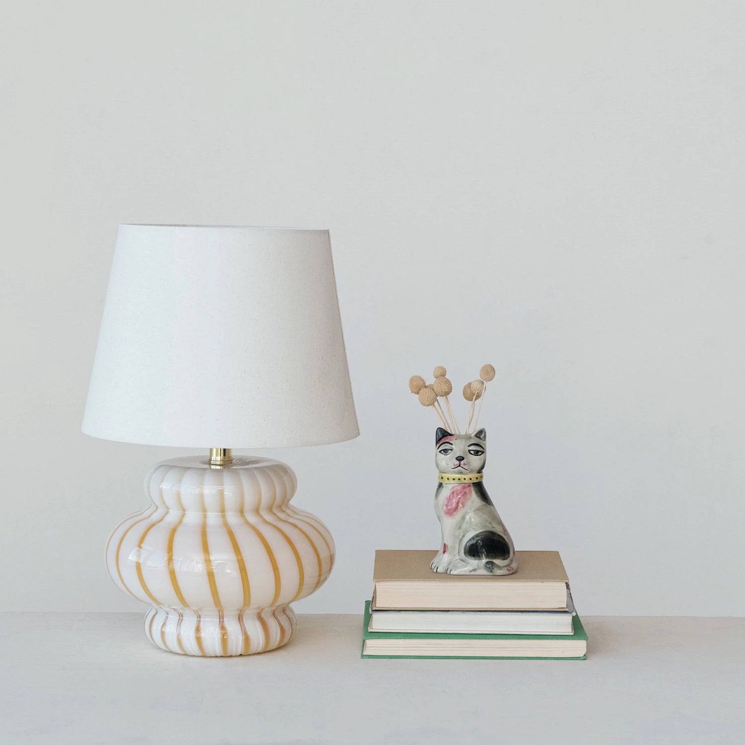 Hand-Blown Art Glass Table Lamp with Stripes, Linen Shade & Inline Switch