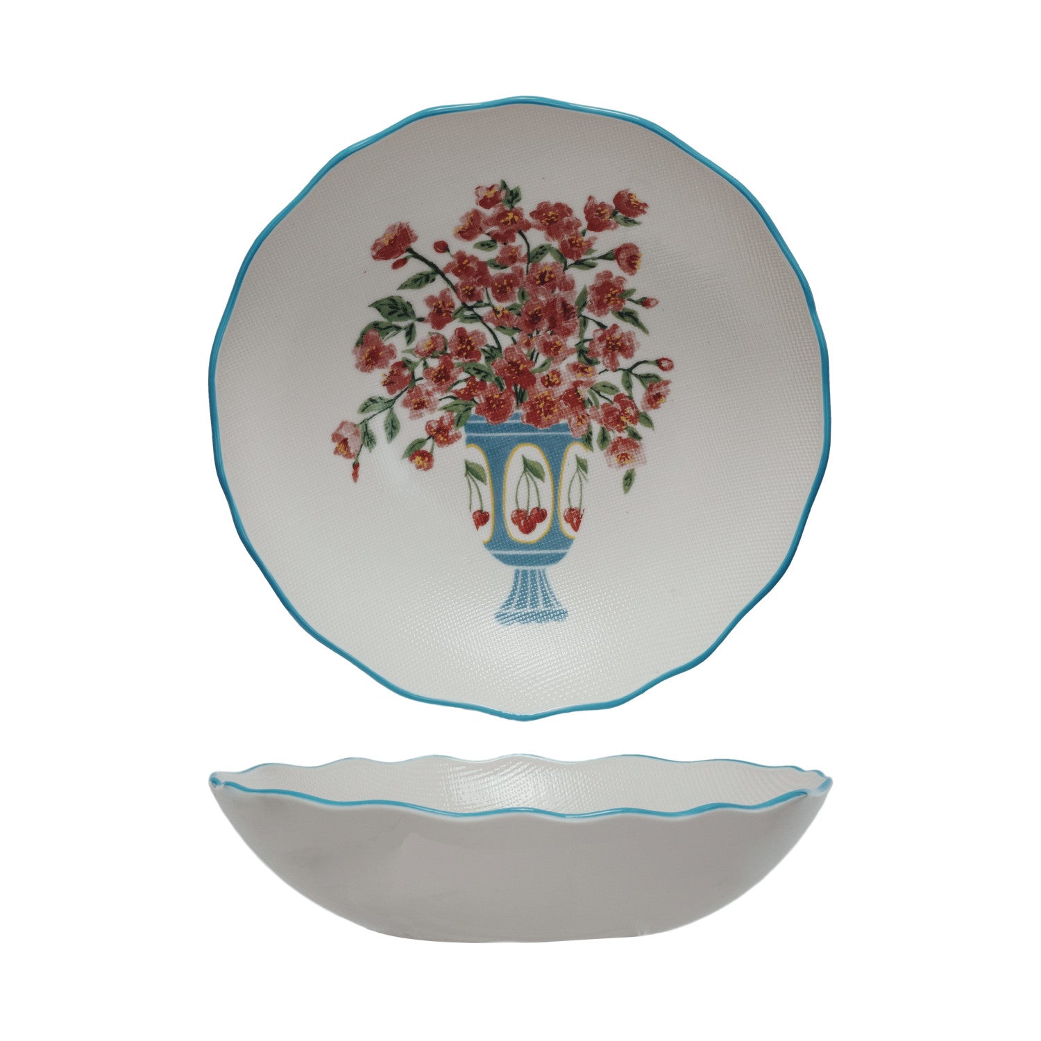 Textured Stoneware Salad Bowl with Flowers in Vase & Colored Rim