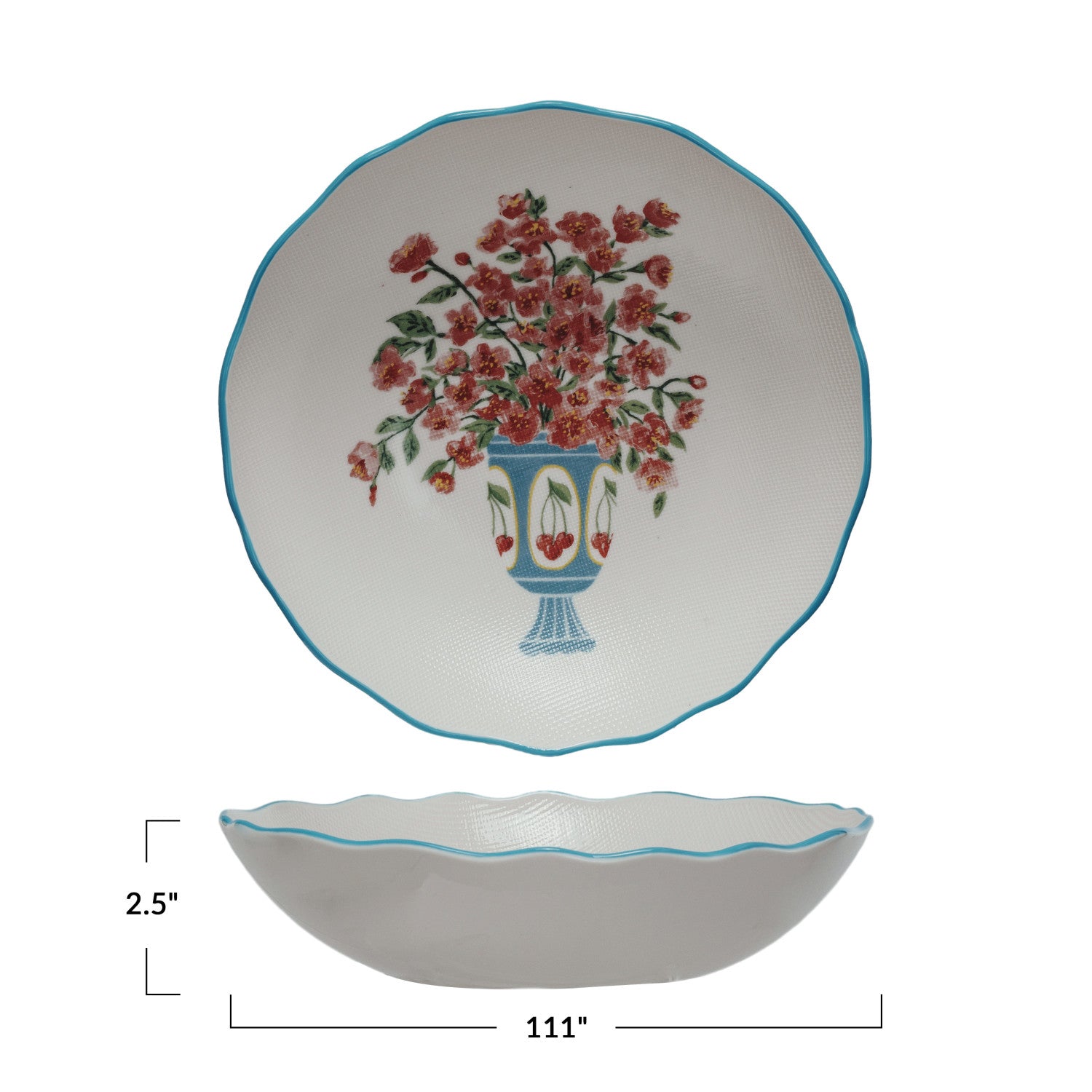 Textured Stoneware Salad Bowl with Flowers in Vase & Colored Rim
