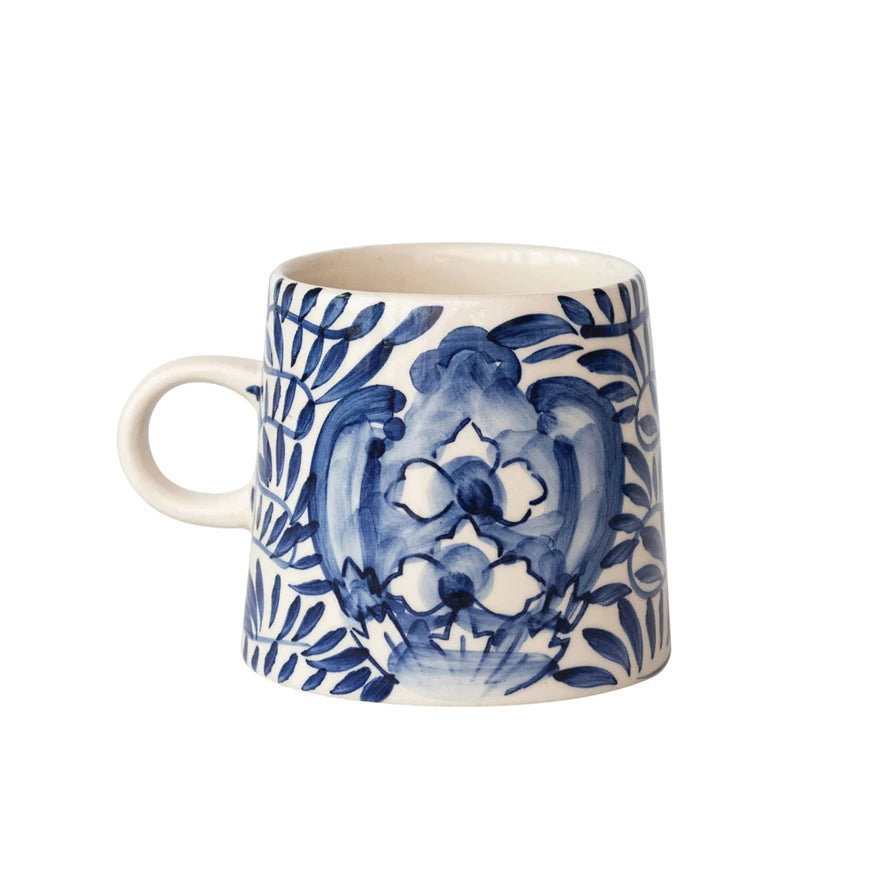 Hand-Painted Stoneware Mug with Design, Cream & Blue