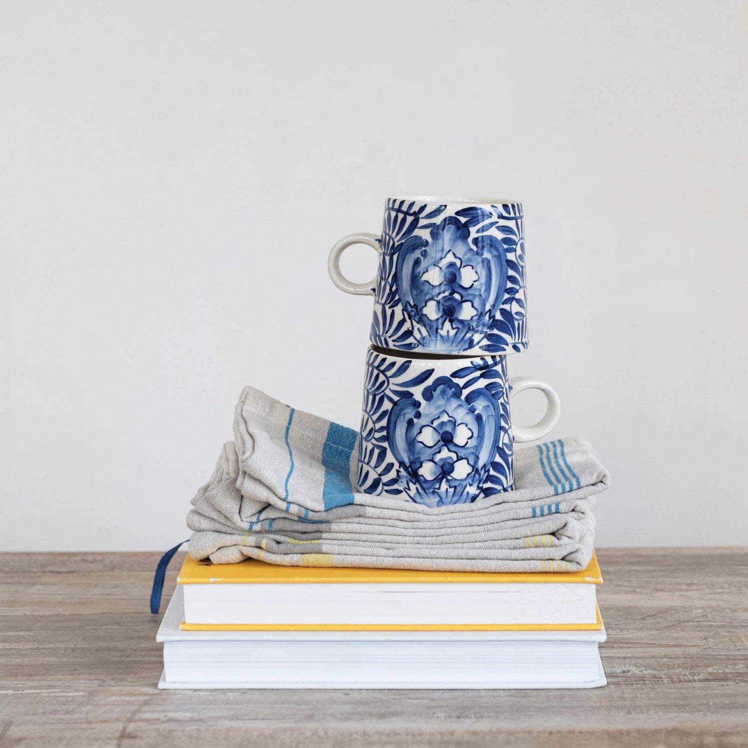 Hand-Painted Stoneware Mug with Design, Cream & Blue