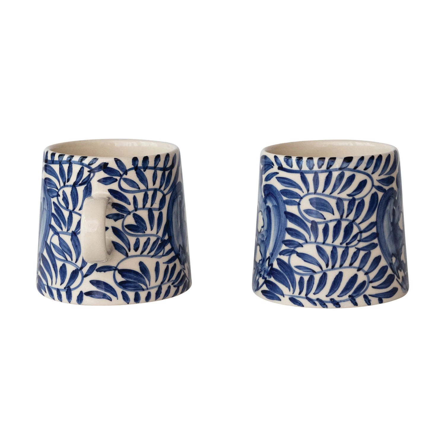 Hand-Painted Stoneware Mug with Design, Cream & Blue