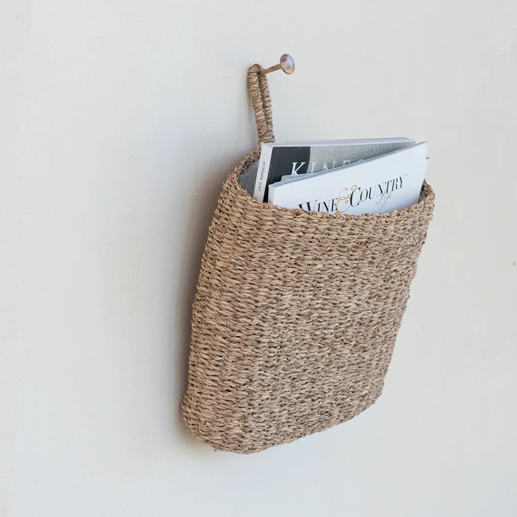 Hand-Woven Seagrass Wall Basket with Loop & Cotton Lining