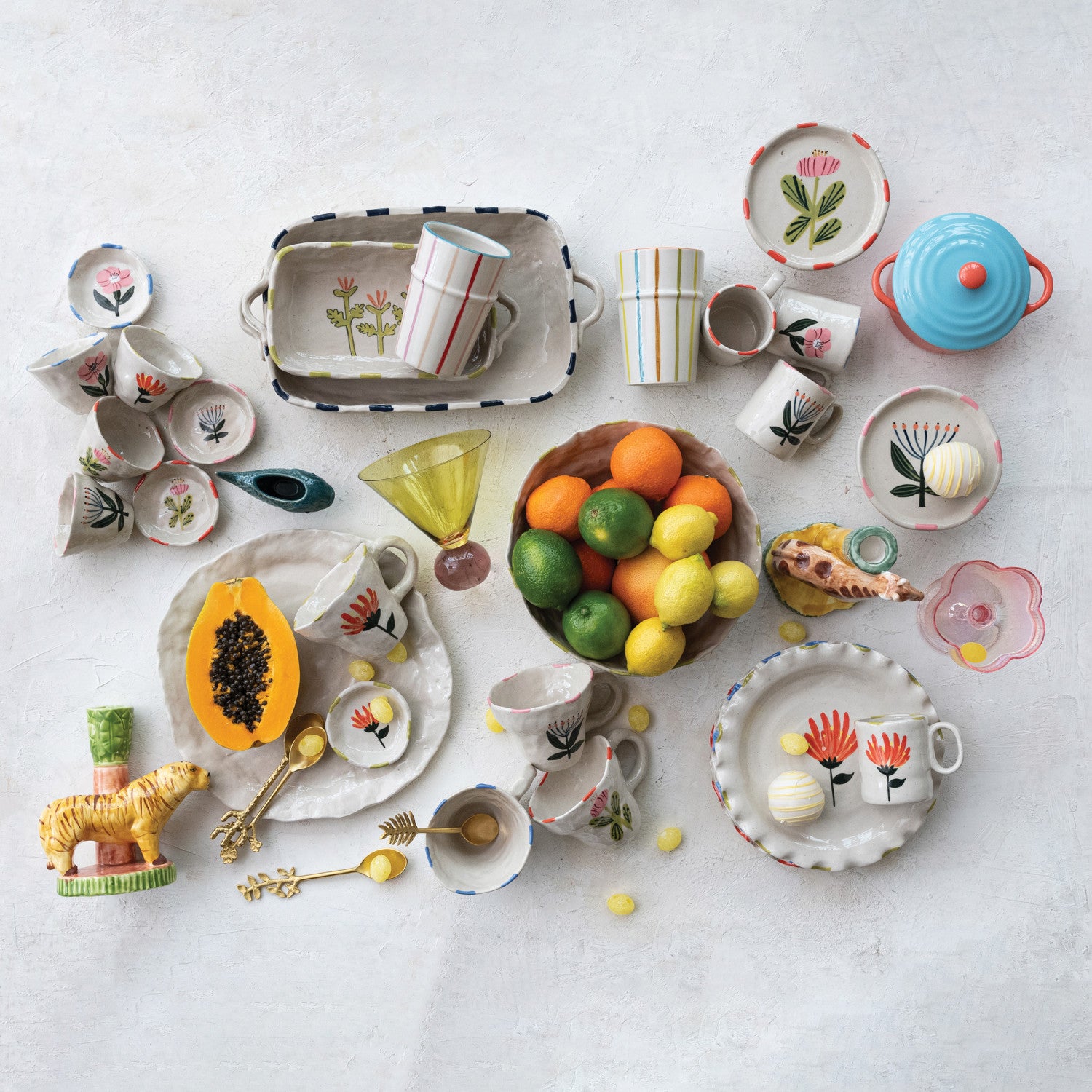 Hand-Painted Stoneware Plate with Ruffled Edge, 4 Styles