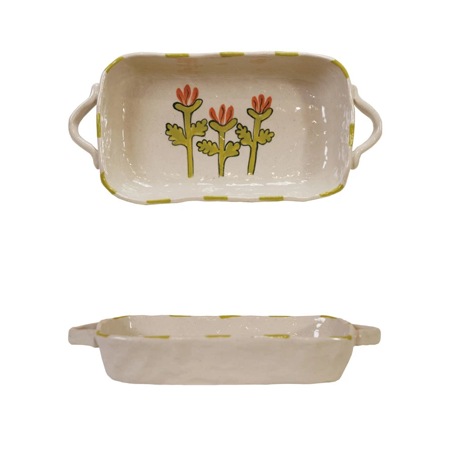 Hand-Painted Stoneware Baker with Flower Image and Handles