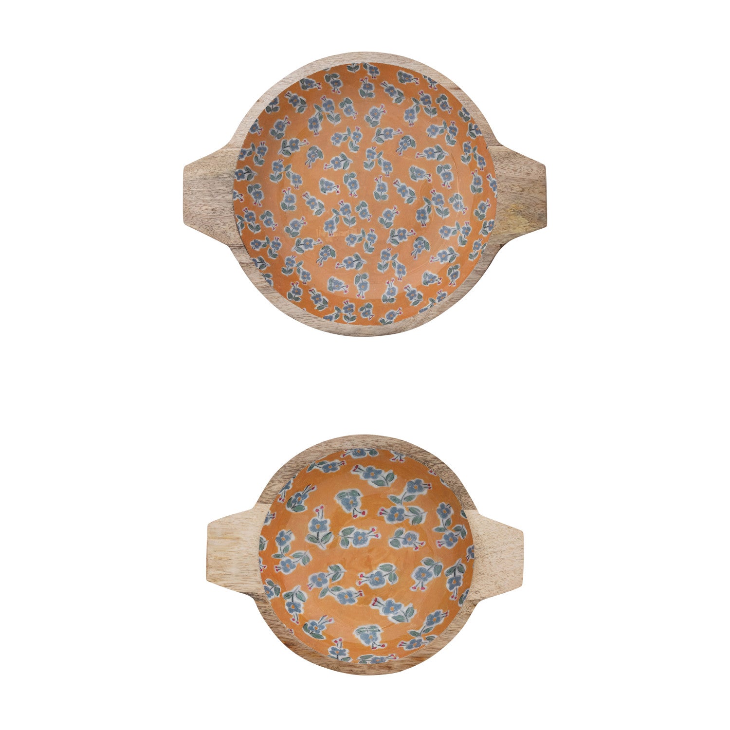 Enameled Mango Wood Bowls with Handles & Floral Pattern, Set of 2 ©