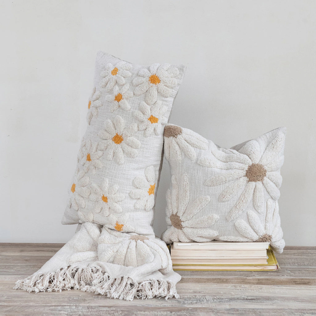 Square Cotton Slub Pillow with Tufted Flowers